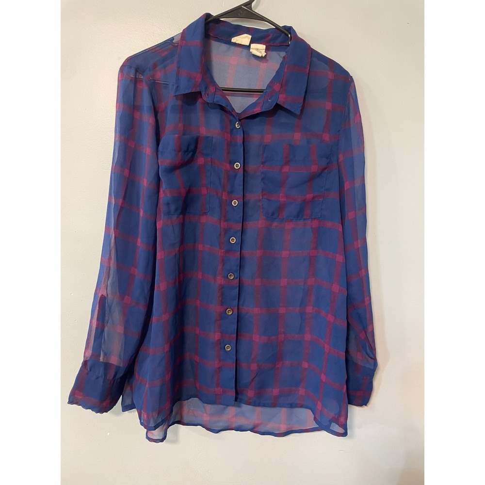 Vintage Mudd Plaid Sheer Button Down Shirt Blue Purple Large